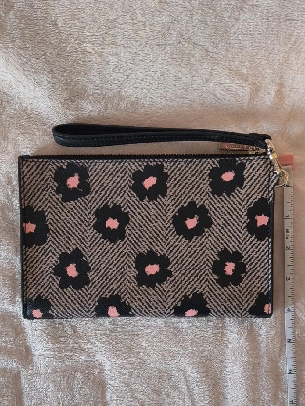 Kate Spade Black Floral Print Wristlet with Pink Accents